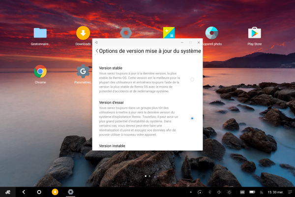 Il faudra se contenter de Remix OS 2.0, peu importe votre choix dans les paramètres.
